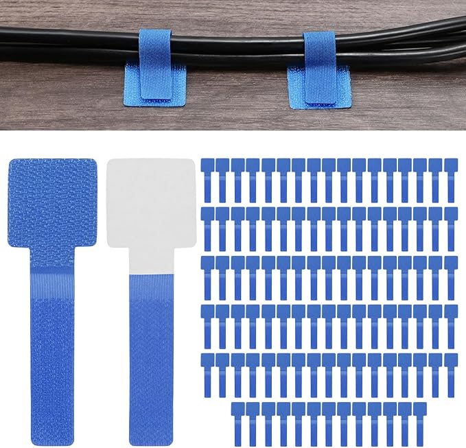 100-Pack Hook and Loop Cable Ties, 3.5 x 1.1 Inch Enhanced Self-Adhesive Cord Organizer for Desk/Home/Wall/Office Essentials, Cable Management Under Desk [Blue]