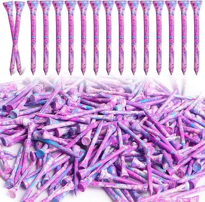 Amy Sport Golf Tees Styllish Bamboo Wooden Coloured Painted Bulk 200 Pack 1 1/2 3 1/4 2 3/4 Inch Tee, Enhanced Visibility Color Purple Pink Green Blue, Practice for Men Women