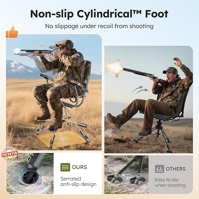LET'S CAMP Folding Hunting Chair for Blinds 360 Degree Silent Swivel, 330LBS Capacity Portable Padded Cushion Hunting Seat with Armrest, 4 Legs Adjustable Height, Shoulder Strap, Cup Holder-CAMO