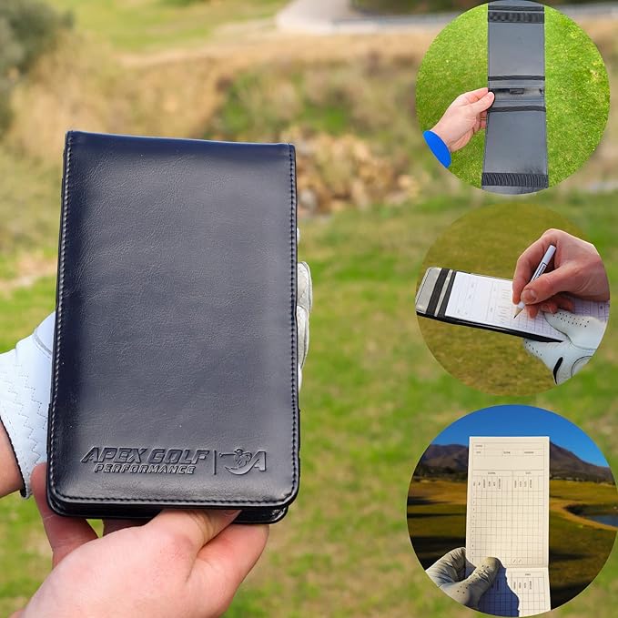 PU Leather Golf scorecard Holder & 2 Weatherproof Golf Notebook with Golf Yardage Book/Golf Scorecard Book - Golf Notebook + 30x scorecards. Golfers Journal, Perfect Golf Gadgets for Men/Woman