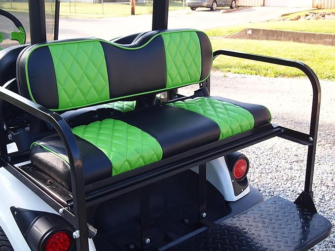 Huskey Golf Cart Front Rear Seat Covers for EZGO Valor/TXT 2014-2022 Models, Black/Lime Green Diamond Stitching, Custom Fit, Marine Grade Vinyl, Staple On