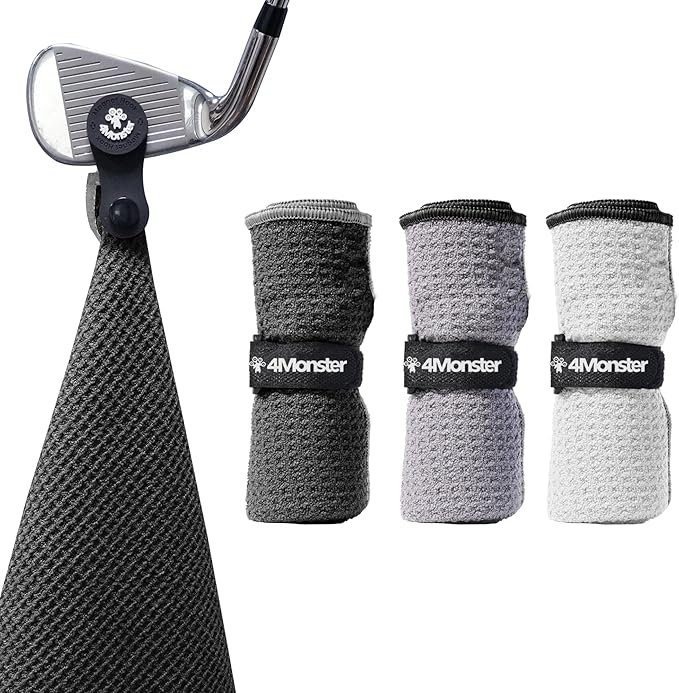 4Monster Golf Towels 3-Pack with Detachable Magnet and Portable Pouch, Quick-Dry Microfiber Golf Towel Set for Golf Bags,Custom Towel Gifts for Men or Women (3, Black/White/Grey)
