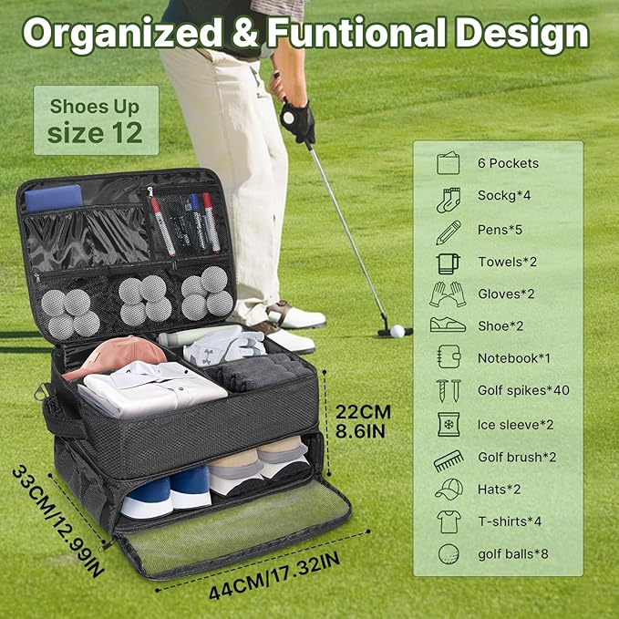 LIWSHWZ 3 Layer Golf Trunk Organizer,Golf Gifts for Men with Separate Mesh Bag for Golf Balls,Large Capacity-40 Golf Balls,2 Pairs of Golf Shoes, Gloves, Clothes, Golf Gift for Men Women