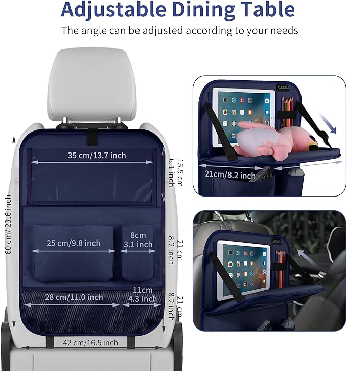 LUCMO Car Backseat Organizer with Tablet Holder,6 Storage Pockets Car Storage Organizer with Foldable Food Tray,Seat Protectors Kick Mats Travel Accessories-Dark Blue
