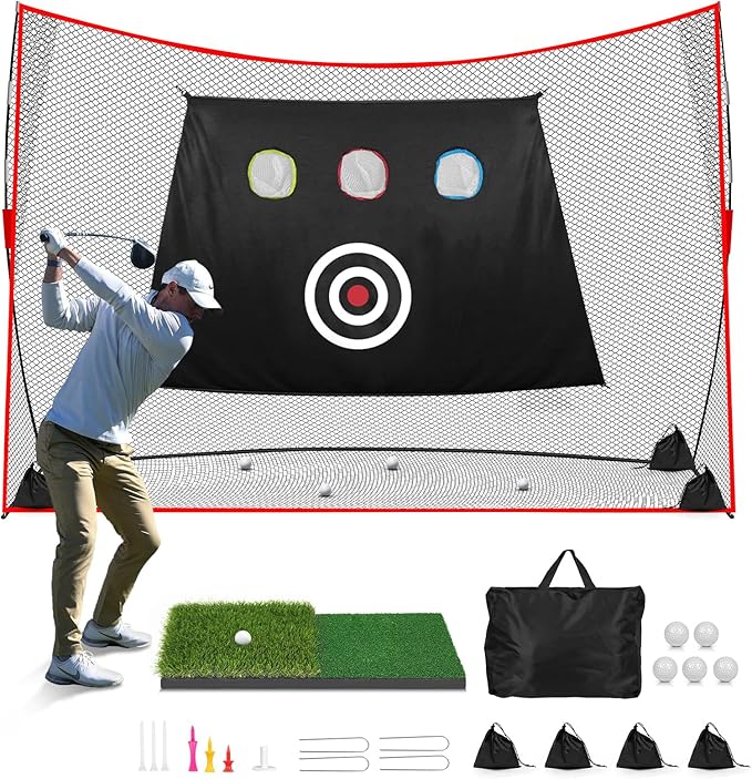 Golf Net: 10x7ft Heavy Duty Golf Practice Net for Indoor/Outdoor Training, Portable Golf Hitting Net with Carry Bag, Ideal Golf Training Aid for Golfers Backyard Driving Chipping Swing (Standard)