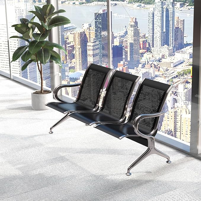 Kinfant Waiting Room Chair Bench - Guest Reception Chairs for Airport Hospital Bank Salon Barber Hall Room Conference (3-seat, Black-Mesh)