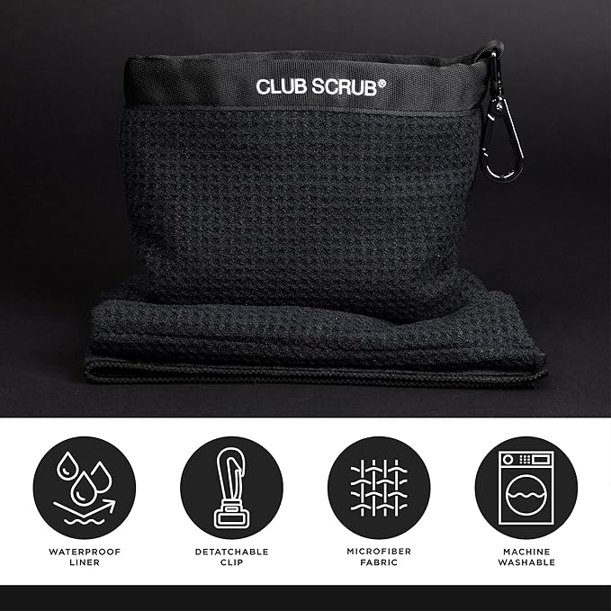 Club Scrub Towel Pro, Golf Club and Ball Cleaning Pouch with Attached Towel, Waterproof Exterior, Clean Face Technology Liner, Machine Washable, Cleans Club Grooves, Waffle-Weave Microfiber