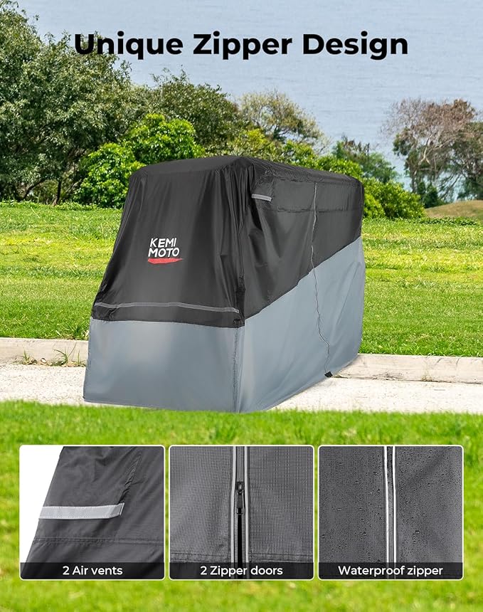 KEMIMOTO Golf Cart Cover, 2/2+2/4/4+2/6/6+2/8 Passenger Heavy Duty Golf Cart Rain Covers with Storage Bag Universal Compatible with EZGO Club Car