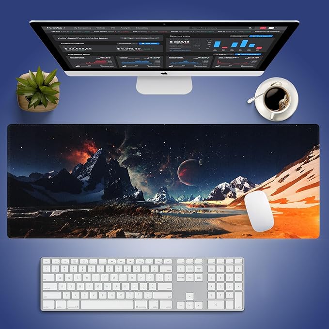Wknoon. Extra Large Gaming & Office Mouse Pad (31.5" x 11.8") with Durable Stitched Edges – Alien Panorama Mystic Mountains & Cosmic Sky with Stars and Fiery Nebula, Anti-Slip Extended XXL Desk Mat