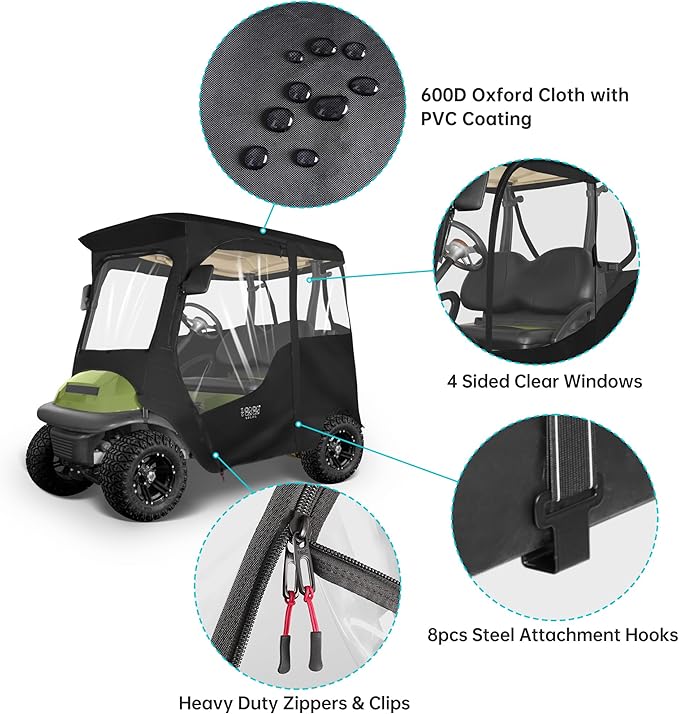 10L0L 2 Passenger Golf Cart Driving Enclosure for Club Car Precedent/Onward/Tempo, 4-Sided Clear Window 600D Rain Cover All Weather Windproof Waterproof