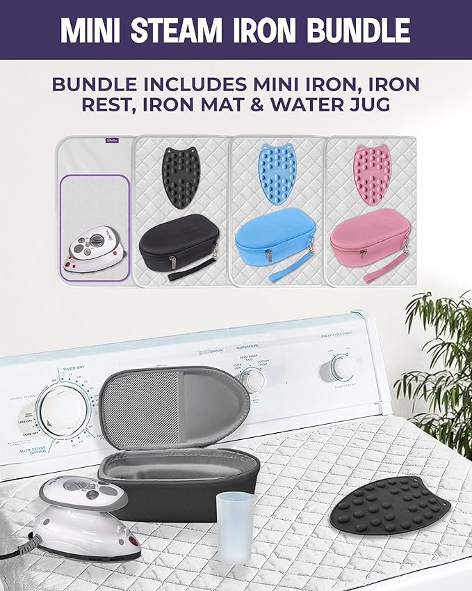 The Quilted Bear Mini Iron, Rest & Ironing Mat - Lightweight Mini Steam Iron with Hard Shell Travel Case, Rest & Ironing Mat - Travel Essentials for Wrinkle Free Clothes & Effortless Quilting (Blue)