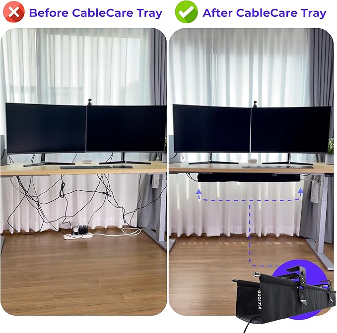 Ascrono Original No Drill Under Desk Cable Management Tray 40.6" - Premium Black Fabric Cable Management Under Desk - Clamp/Screw Mount Cord Organizer - Supports Upto 66lbs - Large