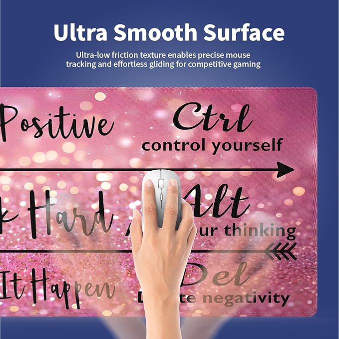 Wknoon. Extra Large Gaming & Office Mouse Pad (31.5" x 11.8") – Inspirational Quote Stay Positive Work Hard & Pink Glitter Design, Premium Anti-Slip XXL Desk Mat with Durable Stitched Edges