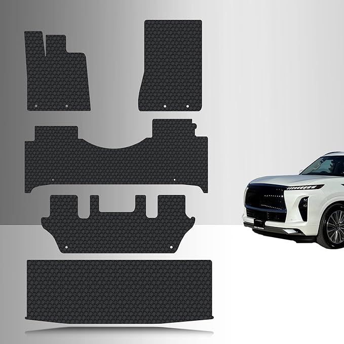 TOUGHPRO Full Set Floor + 3rd Row Up Cargo Mat Accessories Set for Infiniti QX80 2nd Row Bucket Seating with Full Console All Weather Heavy Duty (Made in USA) Black Rubber 2025 2026