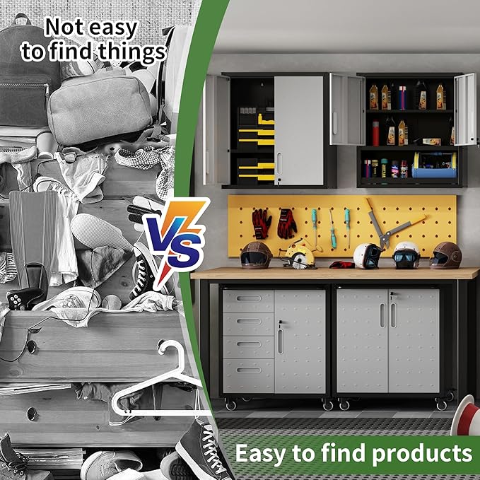 Metal Tool Cabinet,Garage Storage Cabinet System,Wall Cabinet & Locking Rolling Tool Cabinet with Doors and Adjustable Shelves,Steel Tool Cabinets for Home (2 Pcs-StyleA, Black & Grey)