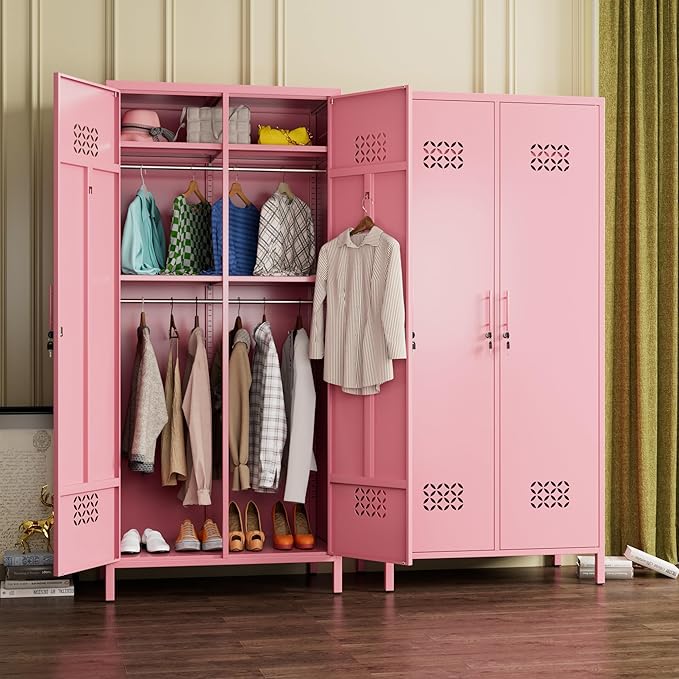 METAN 2 Door Metal Storage Lockers for Employees, Lockable Steel Storage Lockers with Hanger and Adjustable Shelves,Assembly Required,Pink