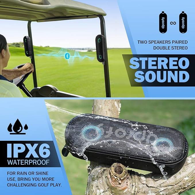Dprofy New Play 2 Rounds of Golf, 2Pcs Magnetic Bluetooth Golf Speaker Golf Cart Speaker, Stereo Sound Portable Pro Wireless Waterproof Speaker with Rich Bass, Golf Accessories Golf Gifts (with Light)