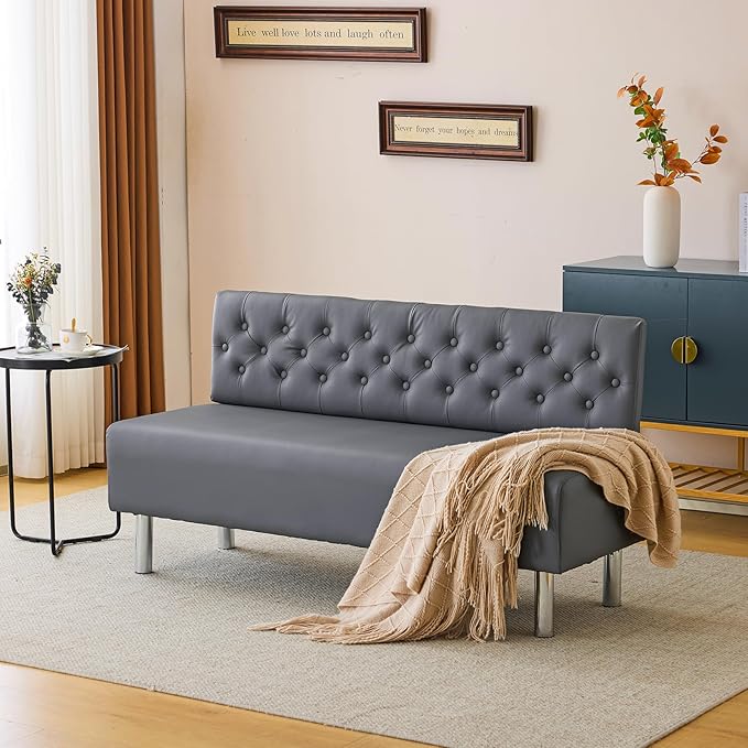 OmySalon Waiting Room Bench with Back, 58.6’’ Office Guest Chair Upholstered Reception Seating, Lobby Furniture for Beauty Salon Barbershop Airport Bank Hall Room Conference, Button Tufted, Gray