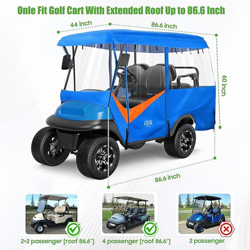 10L0L 4 Passenger Golf Cart Enclosure - 86" Roof Fit, Universal Golf Cart Cover for Yamaha Club Car EZGO,Waterproof 600D Rain Cover,Transparent Tail Light Panel,Foldable Door,4-Sided Clear Windows