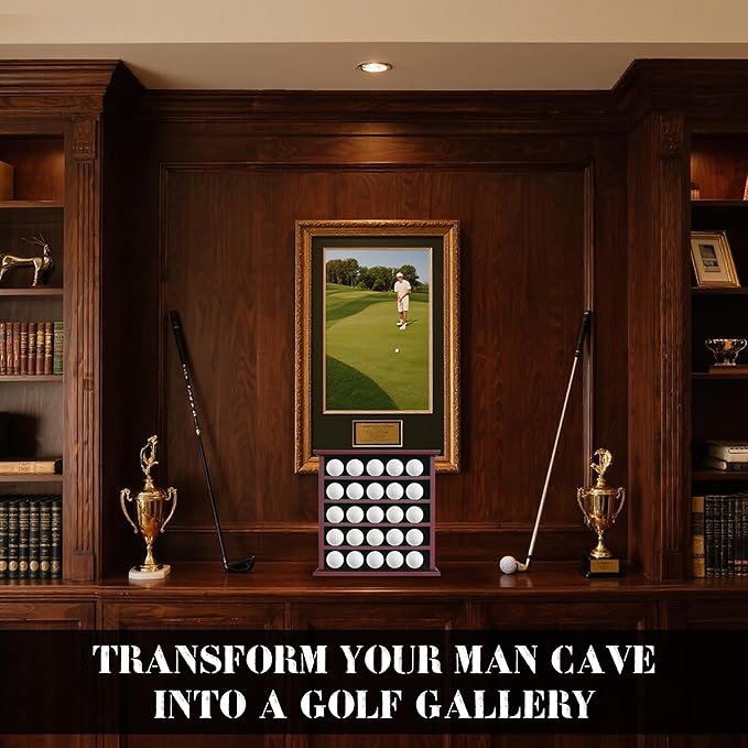 25 Golf Ball Display Case Wall Mounted -Mahogany Golf Ball Holder with Green Velvet Backing, Anti-Fall Slots, No Assembly Needed for Golf Souvenirs & Collectibles