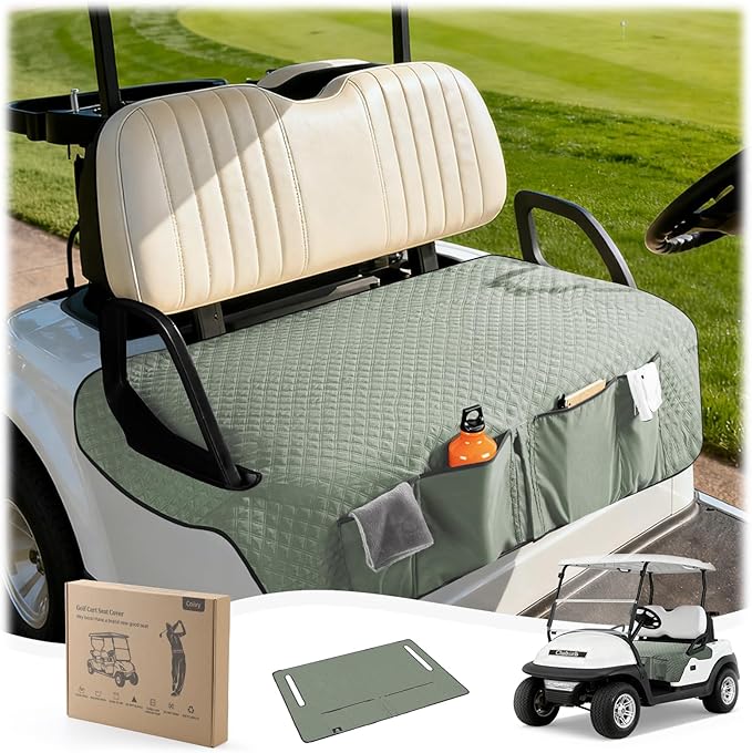 Golf Cart Seat Covers,Golf Cart Seat Towel Blanket with 4 Front Pockets & Nonskid Bottom Fits for Club Car and More 2 Person Seats Golf Carts (Silver Green, Club Car)