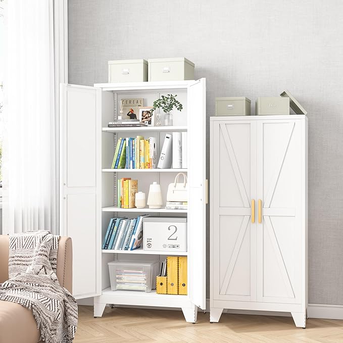 61H Metal Storage Cabinet with 2 Doors and Adjustable Shelves,Farmhouse Storage Cabinet with Barn Doors,Pantry Storage for Home,Office,Bathroom,Dining Room,Kitchen(White)