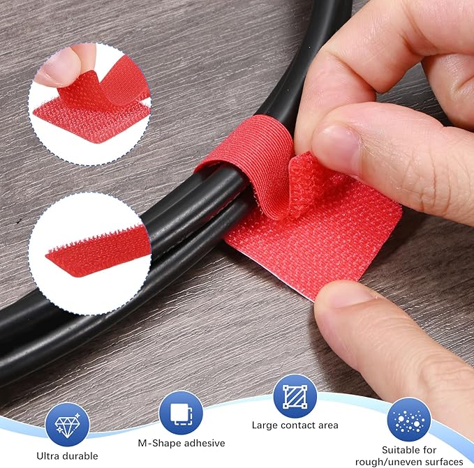 100-Pack Hook and Loop Cable Ties, 3.5 x 1.1 Inch Enhanced Self-Adhesive Cord Organizer for Desk/Home/Wall/Office Essentials, Cable Management Under Desk [Red]