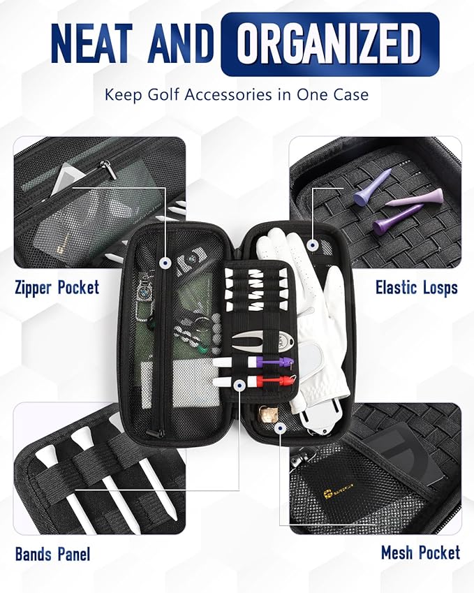 Odor-Absorbing Golf Glove Holder Case for Men Women with Glove Shaper - Fits Golf Club Bag, Golf Organizer Storage for Phone, Tees, Divot Tool, Ball Markers, Golf Gifts for Men Women