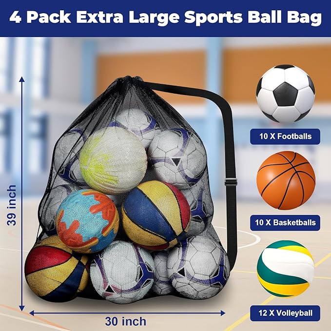 39x30 Inch Extra Large Soccer Ball Bag, Adjustable Shoulder Strap, Drawstring Mesh Ball Bag for Coaches, Swimming Gear, Sports Equipment, Beach Toys