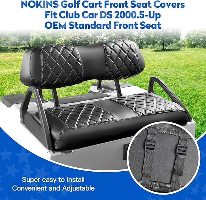 NOKINS Golf Cart Seat Covers for Club Car DS 2000.5-Up,Vinyl Front&Rear Seat Cover with Flip-Up Armrests kit,with Cup Holder, for 1" Square Tube(Black&Black Stitching)