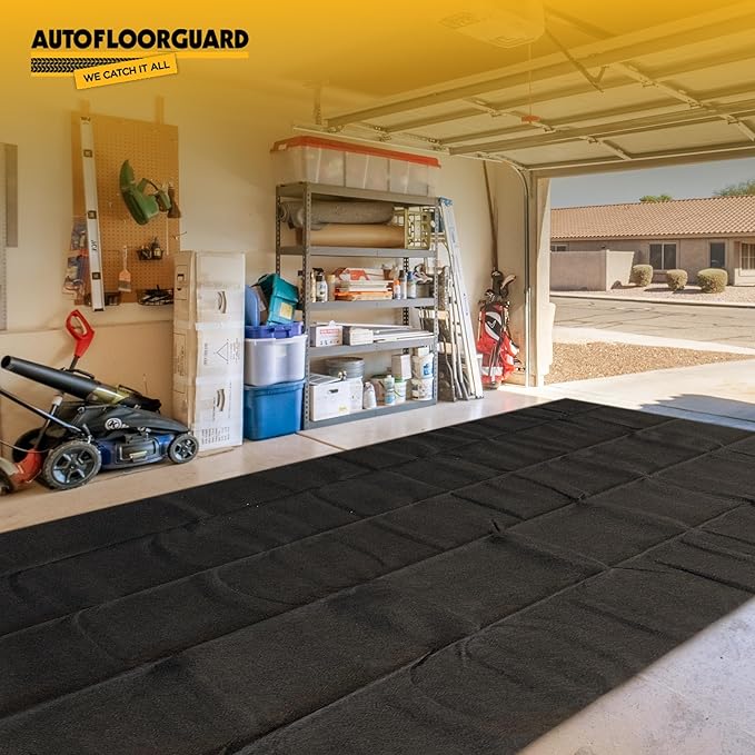 AutoFloorGuard AFG8018 17 Foot x 7.3 Foot Golf Cart Medium Size Garage Carpet Containment Mat with Stay-Put Corners and Anti-Slip Backing, Black