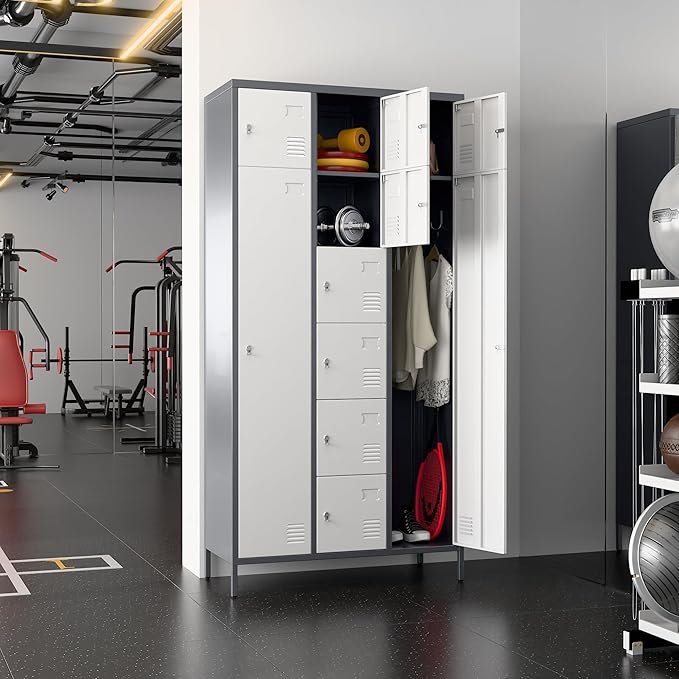 METAN Metal Locker for School Office Gym Bedroom, 10 Doors Steel Storage Locker Cabinet for Employees, Industrial Storage Locker, Assembly Required (Gray White)