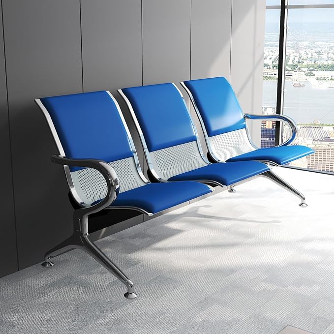 Kinfant 6-Seat Waiting Room Chairs with Arms – Heavy-Duty Steel Frame PU Leather Back & Cushioned Seat, Ergonomic Office Reception Guest Chair for Lobby, Clinic, Airport, Blue