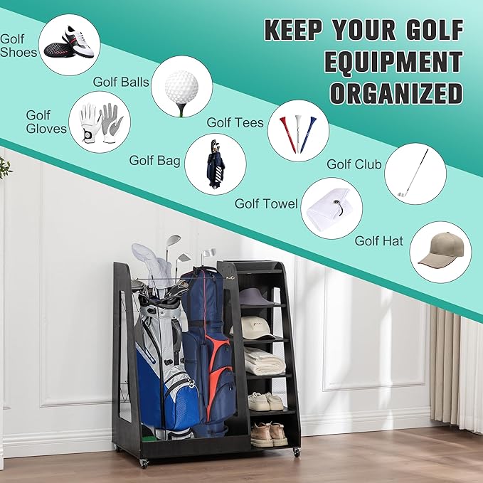 Wooden Golf Bag Organizer for Garage with Drawers, 2 Golf Bag Holder with Club Holders On Side for Car Garage Club Shed Basement, Gray