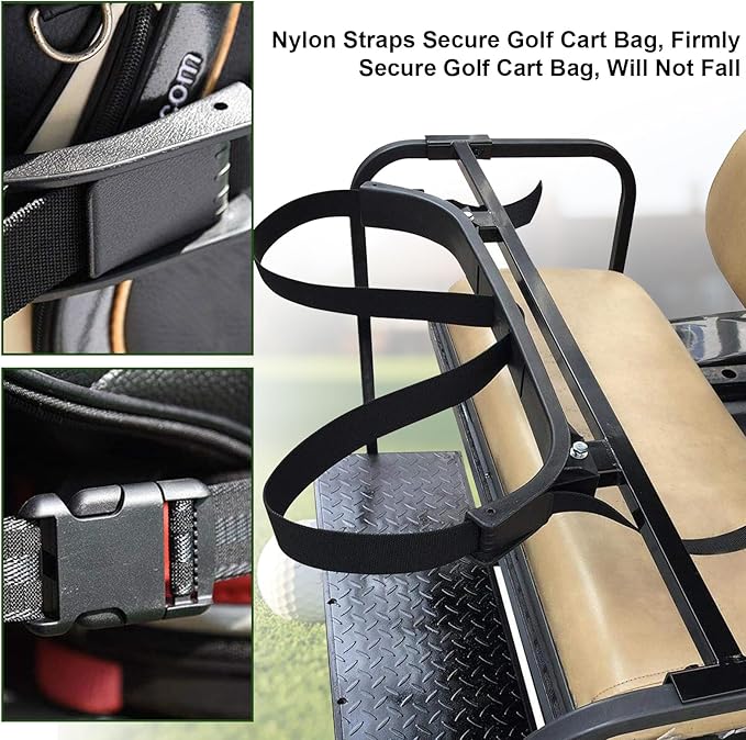 Universal Golf Cart Bag Holder Bracket Fit for Yamaha, EZGO and Club Car Rear Seat Kits, Golf Cart Rack Designed for 1-Inch Square Tube with Nylon Strap Attachment for Securing Golf Bag