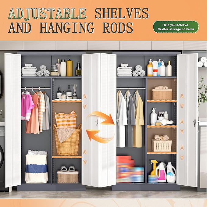 Greenvelly Metal Wardrobe Cabinet with Lock Door, 72" Metal Wardrobe Closet Cabinet with Hanging Rods and Adjustable Shelves, Steel Storage Locker Closet for Home, Office, Employee, Gym (White Grey)