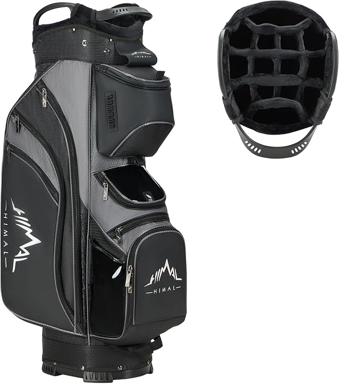 14-Way Golf Cart Bag with Full Length Divider, Premium PU Leather Golf Bag with Plush Top, Magnetic Pocket and Rain Cover for Men