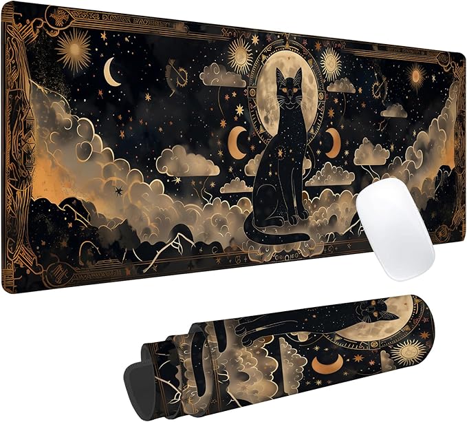 Mystical Black Cat Gaming Mouse Pad, Office Desk Mat, Anti-Slip Rubber Base Cool Aesthetic Mouse Pads for Computer Laptop Keyboard School Home Desktop Gamer Home Accessories Decor 31.5" x 11.8"