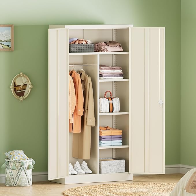 INTERGREAT Metal Wardrobe Closet, 72" Locking Storage Wardrobe Cabinet with Doors and Shelves, 18" D x 36" W Steel Clothes Storage for Office, Home, School, Gym (Warm Grey)