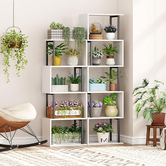 Yusong Bookshelf 5-Tier, Geometric Bookcase S Shaped Book Shelves for Bedroom, Modern Wood Decorative Display Shelf Book Case for Home Office, White and Black