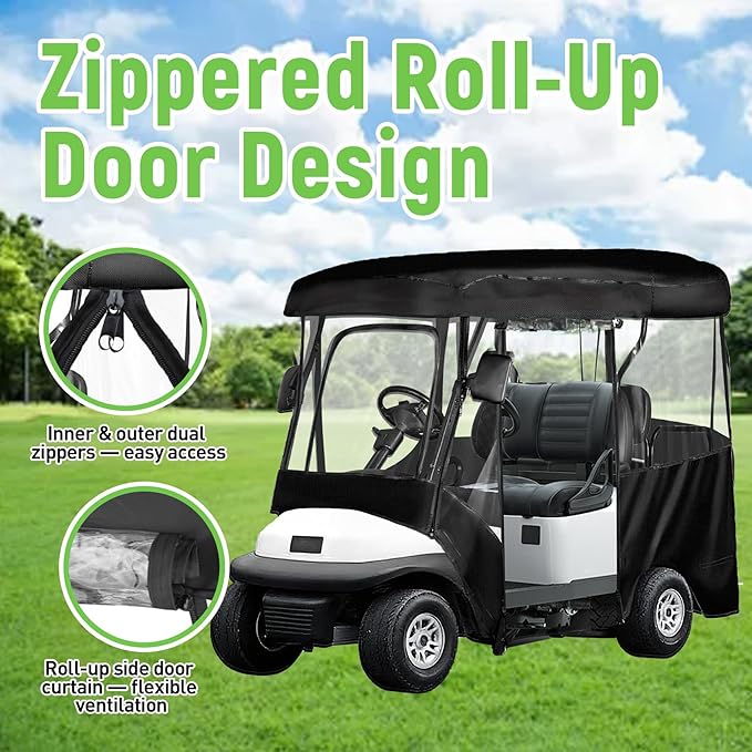 Golf Cart Enclosure 4 Passenger for 86-88" Roof, 600D Waterproof Driving Rain Cover, Replace for Yamaha/Club Car/EZGO, Roll-Up Door, 4-Sided Clear PVC Windows, Tail Light Visible