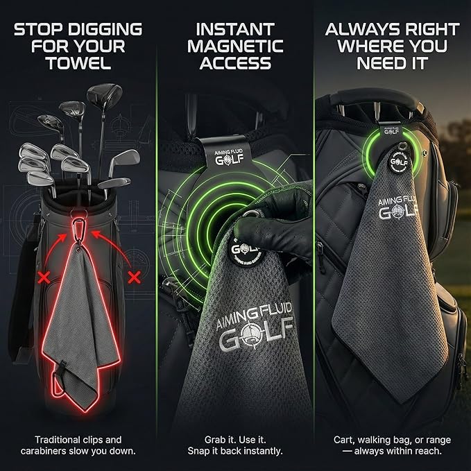 Magnetic Golf Towel & Landing Pad Bundle – Premium Microfiber Waffle Weave | Light-Duty Magnet | 3-Stage Cleaning System Universal Magnetic Docking Pad | 16"×24" Towel – Grey (Black)