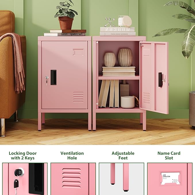 Aobabo 24.4" H Metal Locker Storage Cabinet with 1 Doors, Lockable Storage Cabinet with Adjustable Leveling Foot and Adjustable Shelves, Lockers for Home, Office, Assembly Required, Pink