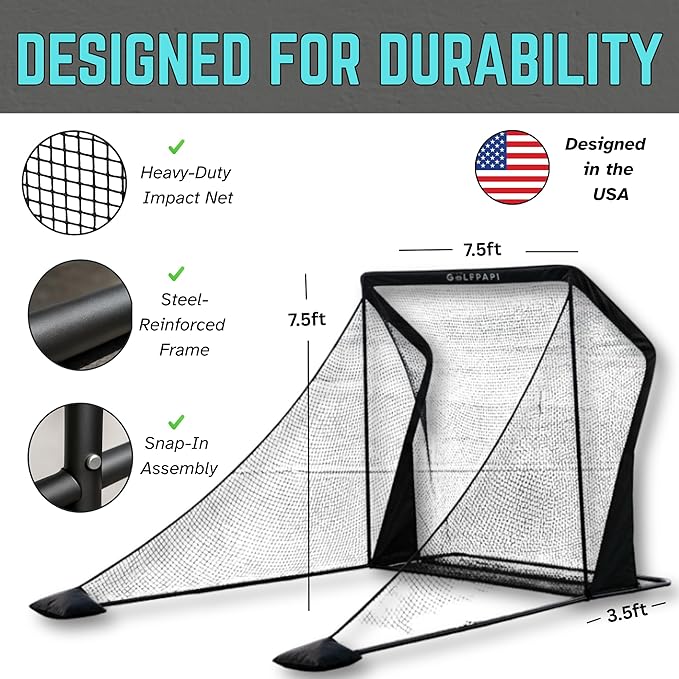 GOLFPAPI Pro Golf Practice Net – Heavy‑Duty 7.5ft & 10ft Steel Frame Hitting Net with 1″ High‑Tension Mesh & Side Shank Protection – Indoor/Outdoor Driving Range & Simulator