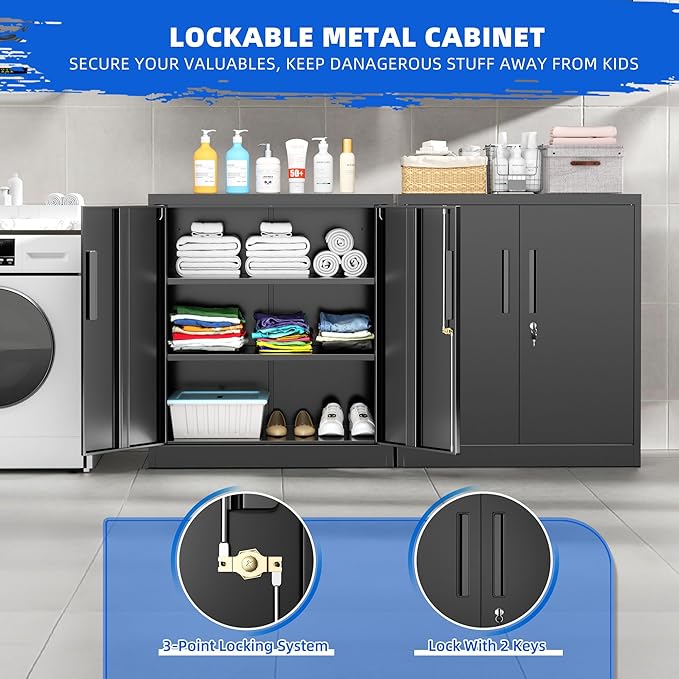 Pataku Metal Storage Cabinet, Garage Cabinet with Doors and Shelves 36" Hx32 Wx16 D, Steel Lockable File Cabinets for Office, Home, Garage, Basement, Industrial, Black