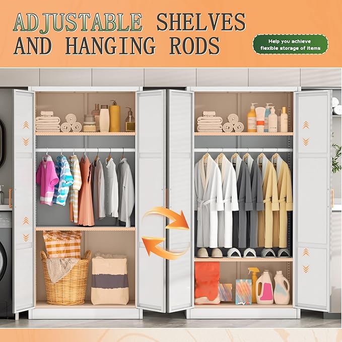 Greenvelly Metal Wardrobe Cabinet with Wooden Handle, 72" Metal Wardrobe Closet with Hanging Rods and Adjustable Shelves, Clothing Storage Closet Cabinet for Home, Office, Employee, Gym (White)