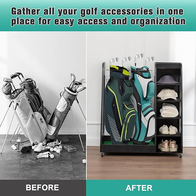 Wooden Golf Bag Organizer for Garage with Drawers, 2 Golf Bag Holder with Club Holders On Side for Car Garage Club Shed Basement, Gray