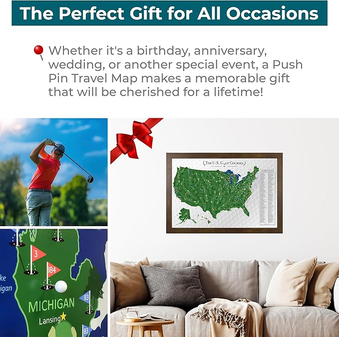 Push Pin Travel Maps Customizable Wall Art - Top Golf Courses USA Map - Rustic Brown - Framed Pin Map, Includes 150 Pins - Handcrafted in USA - 27.5" x 39.5"