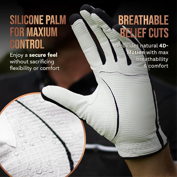 Copper Tech Golf Gloves Men Right Handed Golfer Or Left Handed Golfer (2 Pack) | Copper Compression Joint Support with Flexible & Comfortable Fit | AAA Leather Construction & Tacky Silicone Pad
