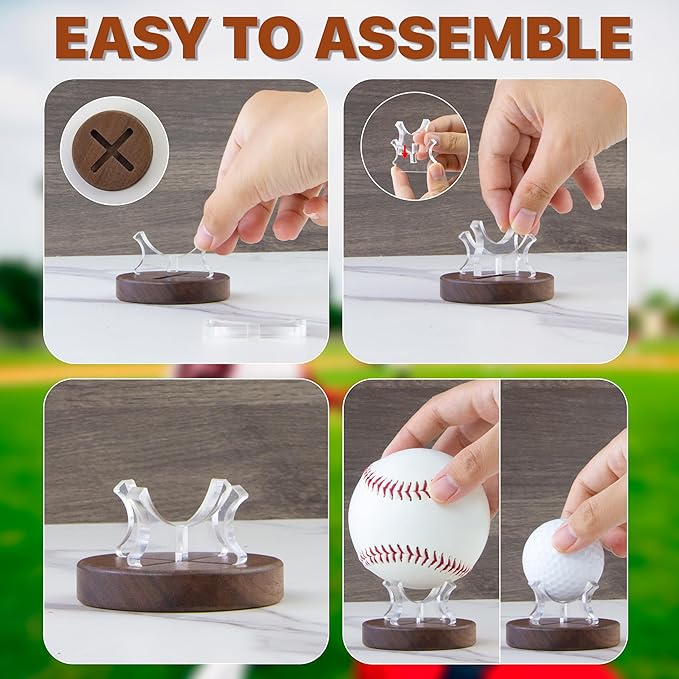 Set of 2 Baseball Display Stands – Walnut Wood Base with Clear Acrylic Support, Baseball Holder Stand for Display, Softball Stands, Golf Ball Holder, Tennis Ball Display Box for Memorabilia